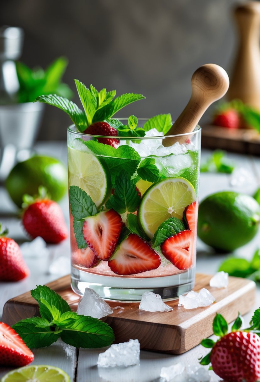 A glass with mint leaves, sliced strawberries, lime wedges, and ice being muddled to prepare a strawberry mojito, surrounded by fresh strawberries, limes, and mint on a wooden surface.