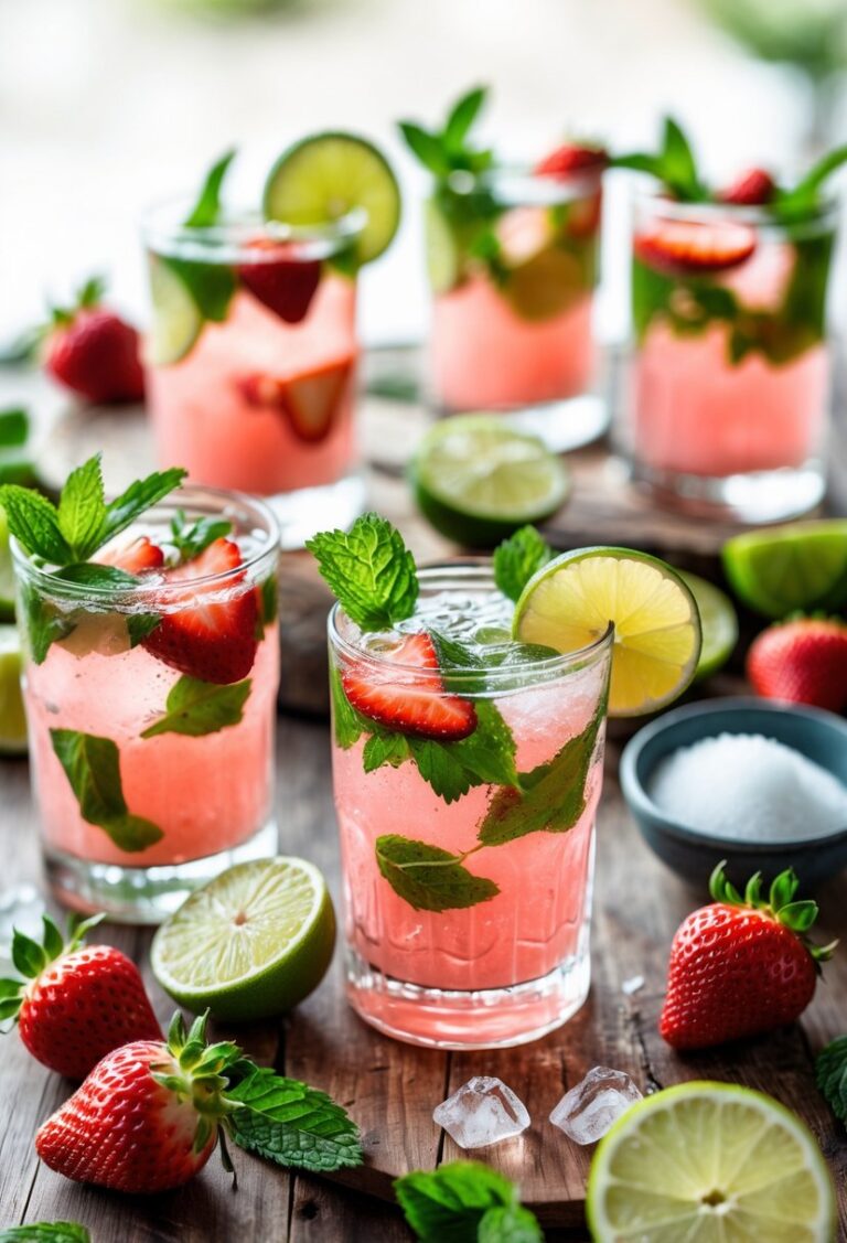 Several glasses of strawberry mojito drinks garnished with mint, strawberries, and lime on a wooden table with fresh ingredients around them.