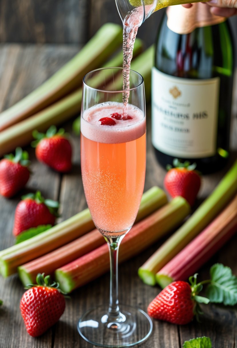 A close-up of a glass being filled with a pinkish sparkling mimosa surrounded by fresh strawberries and rhubarb on a wooden surface.