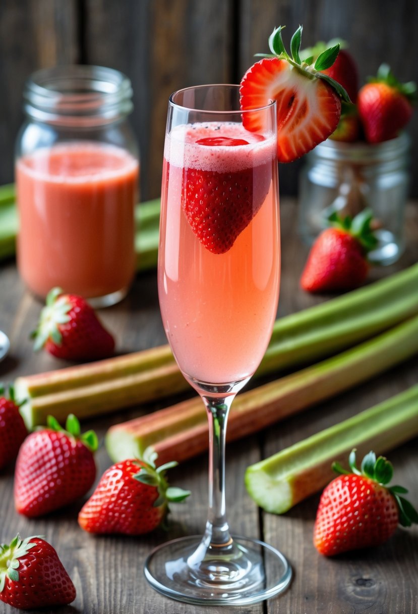 A glass of pink strawberry rhubarb mimosa garnished with a strawberry slice, surrounded by fresh strawberries, rhubarb stalks, and a jar of syrup on a wooden surface.