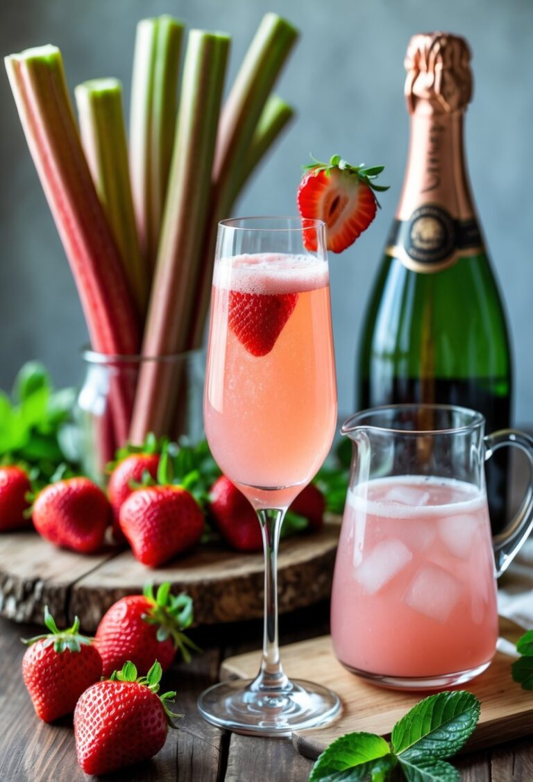 A glass of pink strawberry rhubarb mimosa garnished with a strawberry, surrounded by fresh strawberries, rhubarb stalks, a pitcher of rhubarb syrup, and a bottle of champagne on a wooden table.