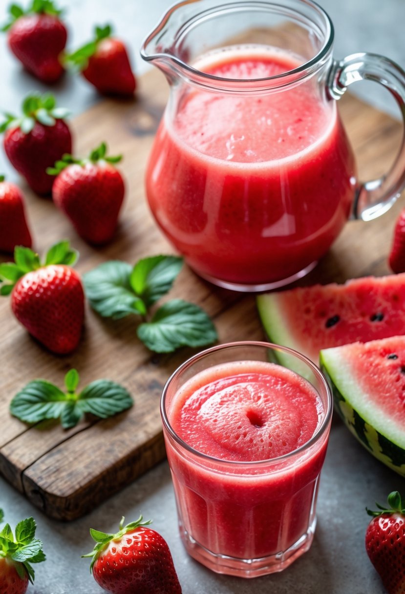 Fresh strawberries and watermelon slices arranged with a glass pitcher of pink juice on a wooden board.