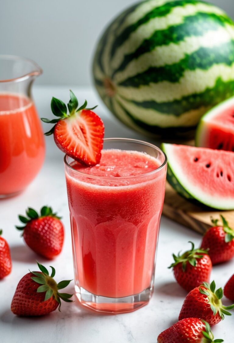 A glass of strawberry watermelon juice garnished with a strawberry and watermelon slice, surrounded by fresh strawberries and watermelon pieces on a white surface.