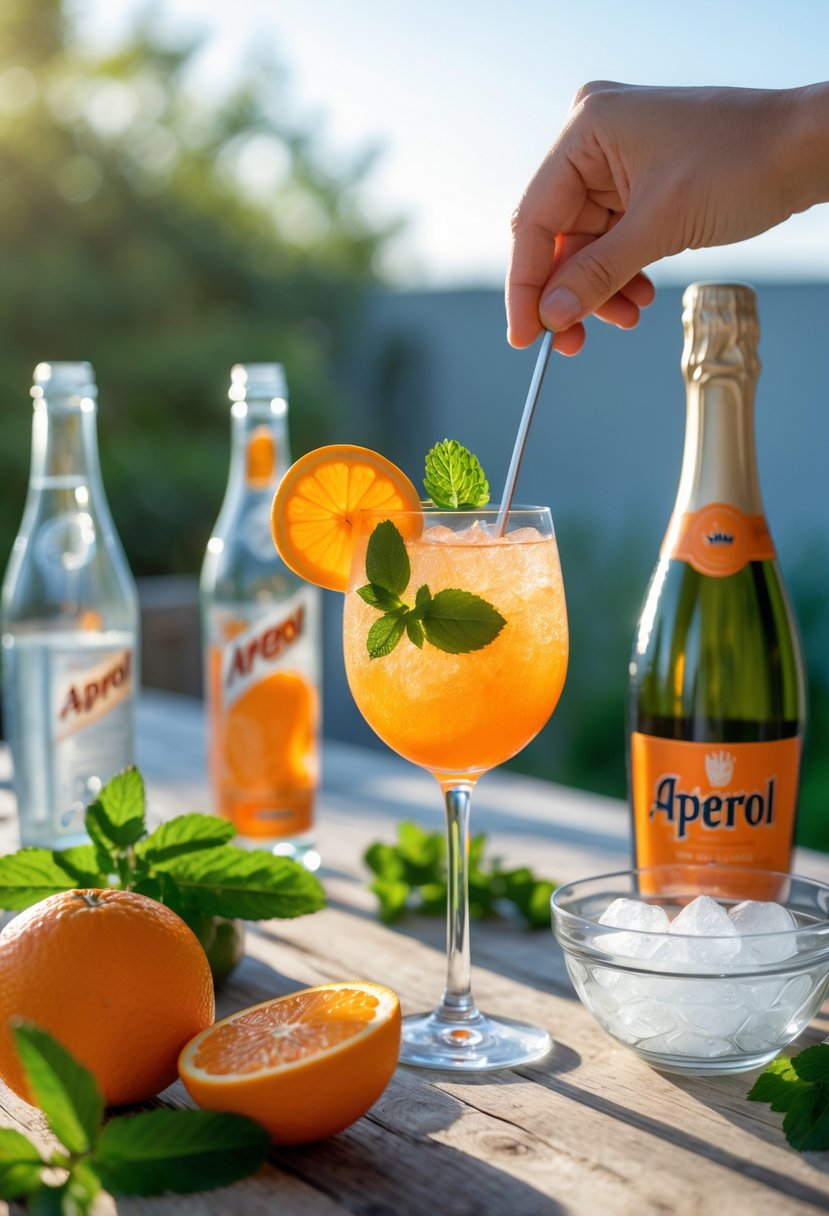 A summer spritz cocktail being prepared on a sunlit wooden table with fresh oranges, mint leaves, bottles of sparkling water and aperitif, ice cubes, and a glass with an orange drink garnished with orange slice and mint.