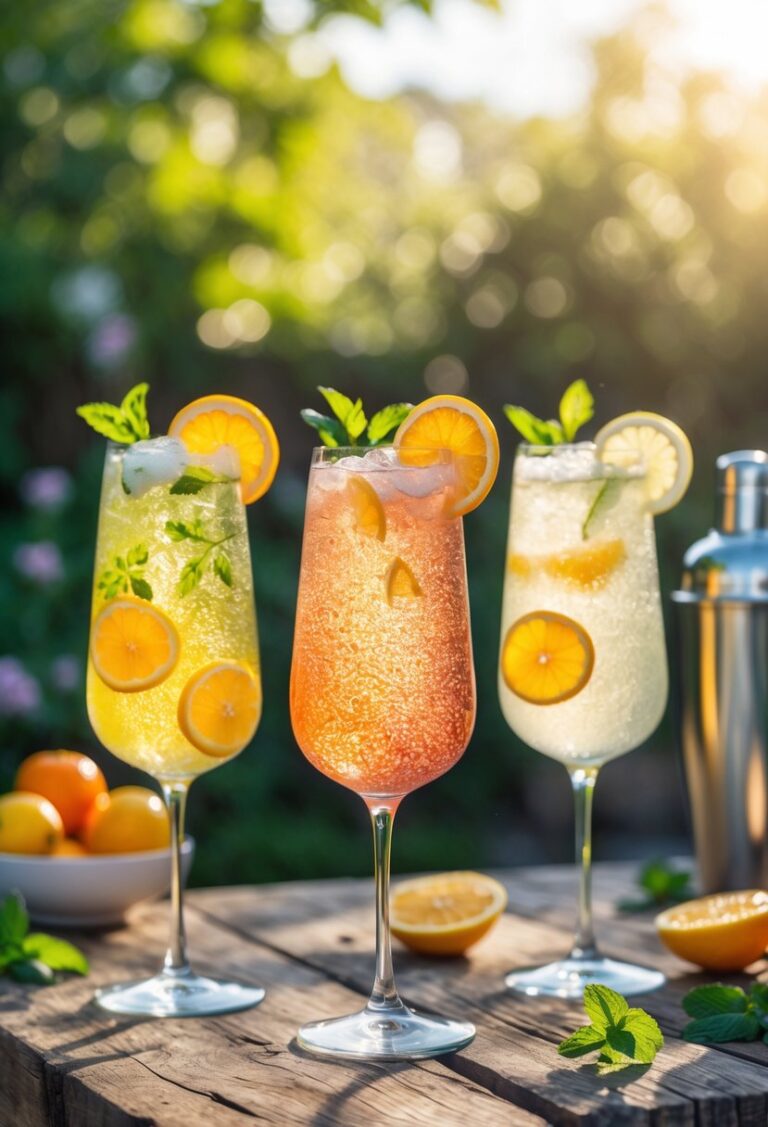 Three colorful summer spritz cocktails with citrus and mint garnishes on a wooden table in a sunny garden setting.