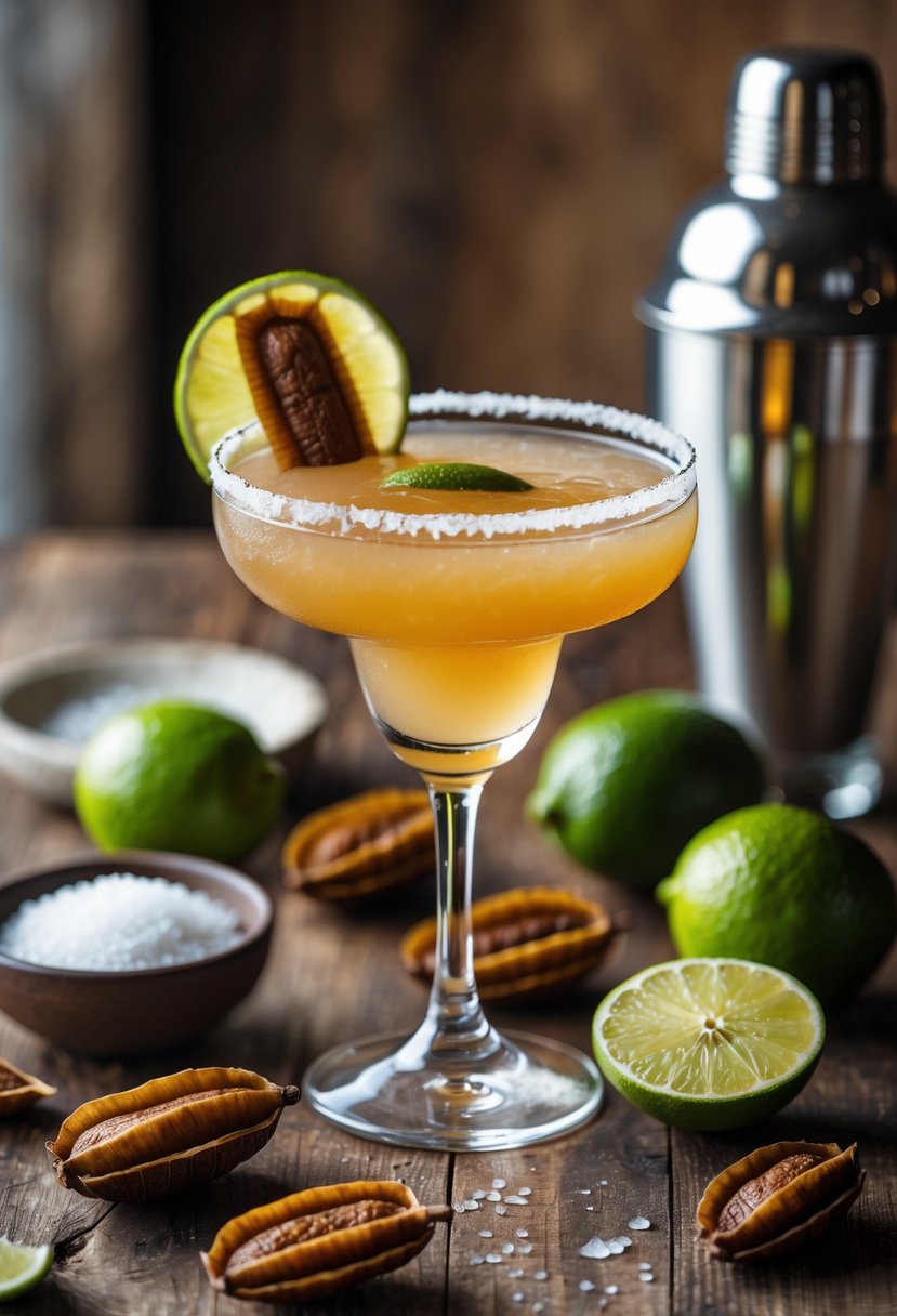 A tamarind margarita cocktail on a wooden table with tamarind pods, lime wedges, salt, and a cocktail shaker nearby.