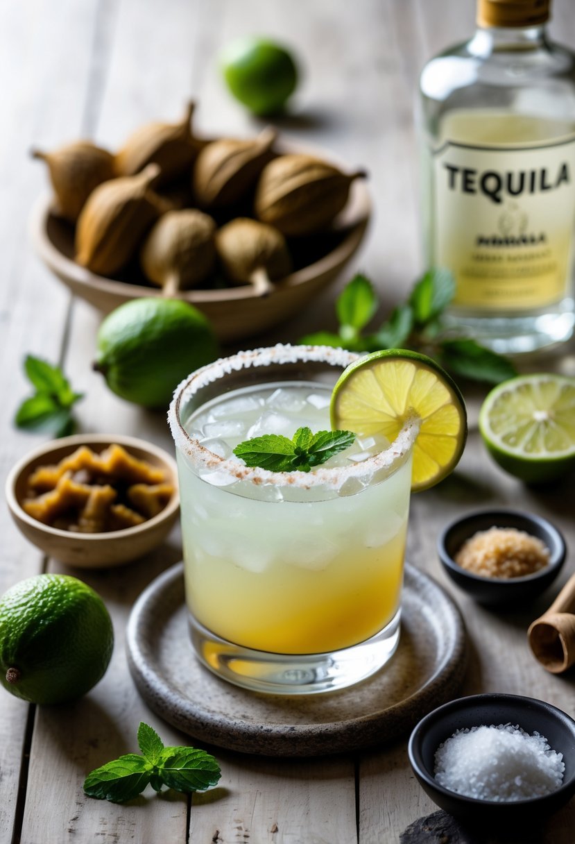 A glass of Tamarind Margarita with lime wedge and salted rim surrounded by tamarind pods, limes, tamarind paste, tequila bottle, salt, and mint on a wooden surface.