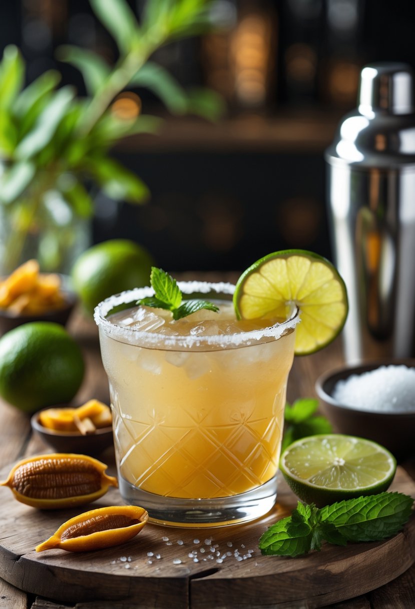 A Tamarind Margarita cocktail on a wooden table with tamarind pods, lime wedges, salt, and a cocktail shaker nearby.