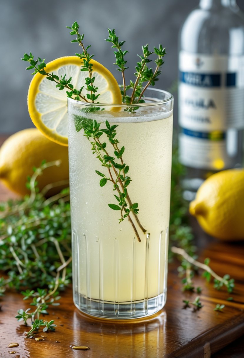 A tall glass of Thyme Vodka Collins cocktail garnished with thyme and lemon on a wooden surface with fresh lemons and thyme in the background.