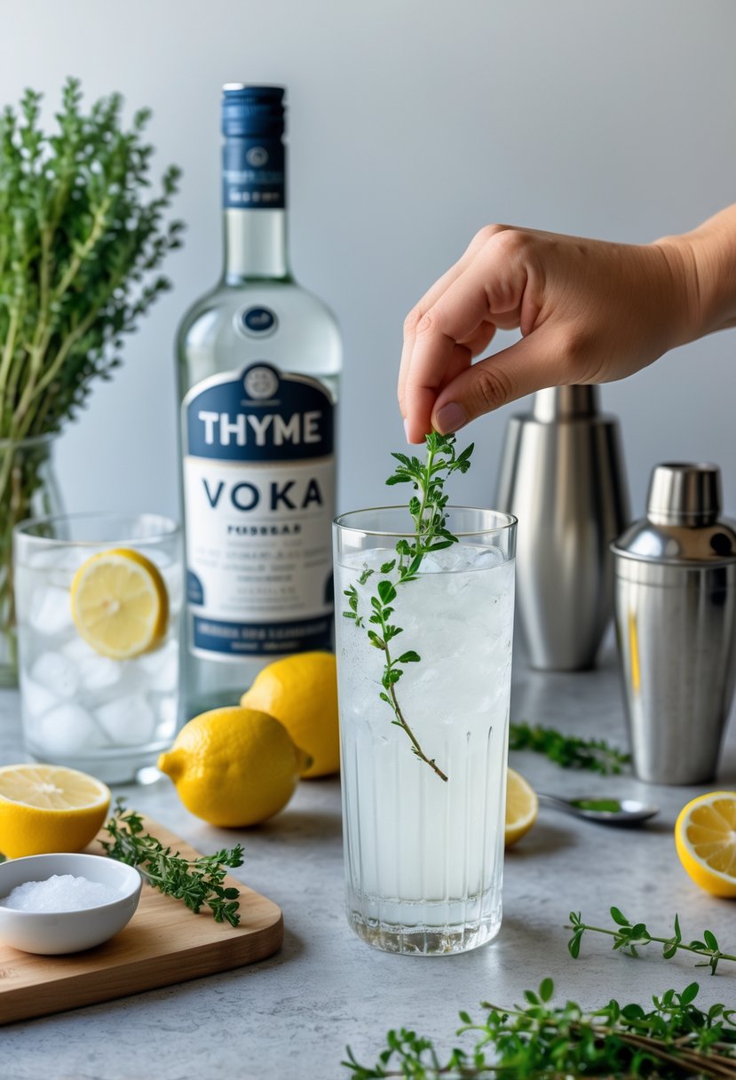 A kitchen countertop with ingredients and tools for making a Thyme Vodka Collins cocktail, including fresh thyme, vodka, lemons, ice, and a glass being garnished with thyme.