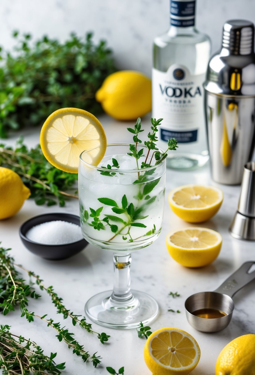 A glass of Thyme Vodka Collins cocktail garnished with thyme and lemon, surrounded by fresh thyme, lemons, vodka bottle, soda water, and cocktail tools on a bright kitchen countertop.
