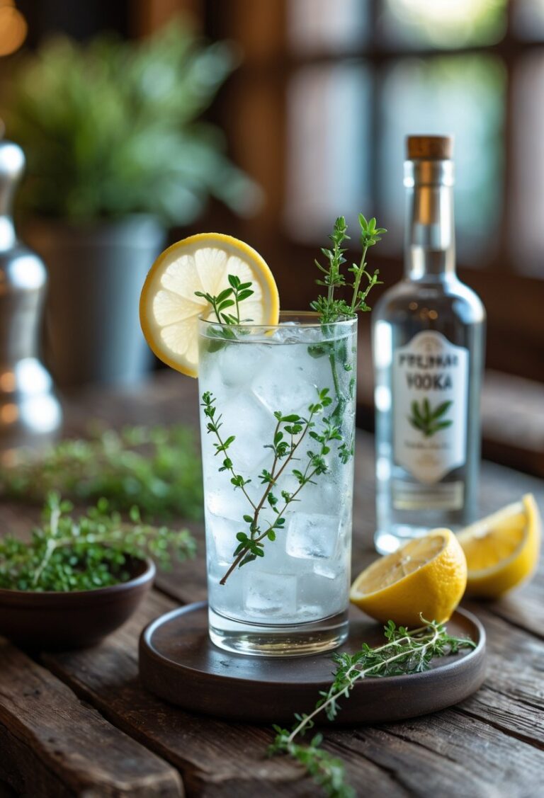 A tall glass of Thyme Vodka Collins cocktail garnished with thyme and lemon on a wooden table, surrounded by fresh thyme sprigs, lemon wedges, and a bottle of vodka.