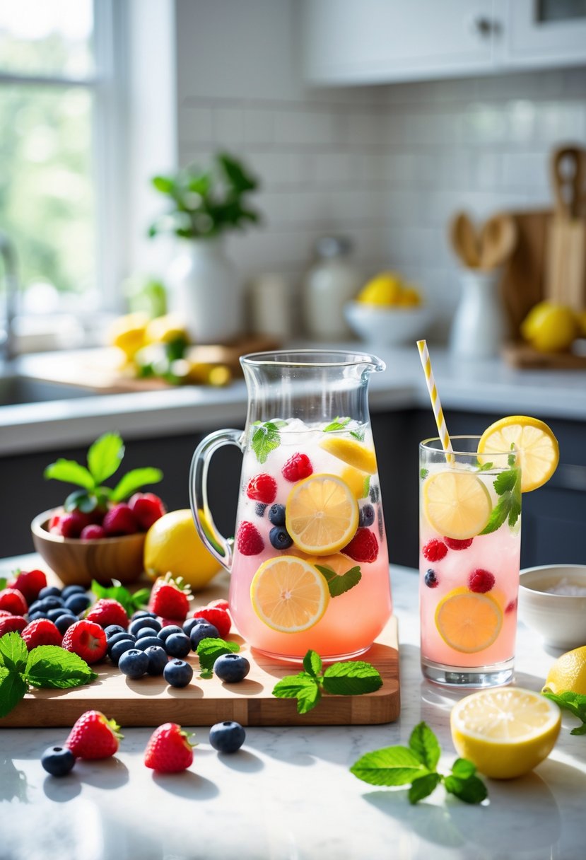 A kitchen countertop with fresh tropical berries, lemon slices, a pitcher of berry-infused lemonade, a glass with a straw and lemon garnish, and kitchen tools arranged for making tropical berry lemonade.