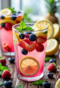 A glass of tropical berry lemonade with lemon slices and fresh berries on a wooden table surrounded by berries and lemon wedges.