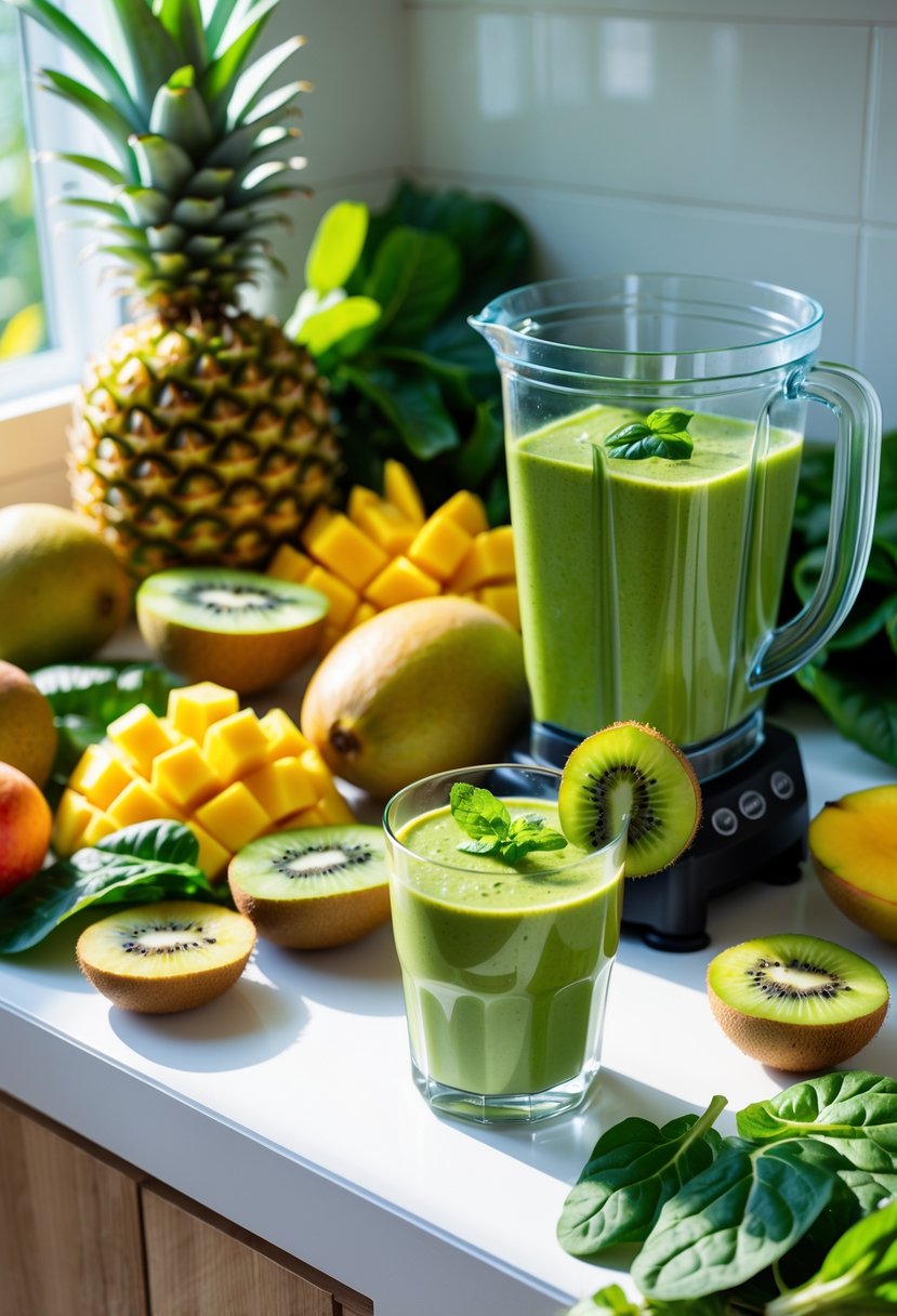 A kitchen countertop with fresh tropical fruits, green leafy vegetables, a blender blending a green smoothie, and a glass of tropical green smoothie garnished with kiwi and mint.