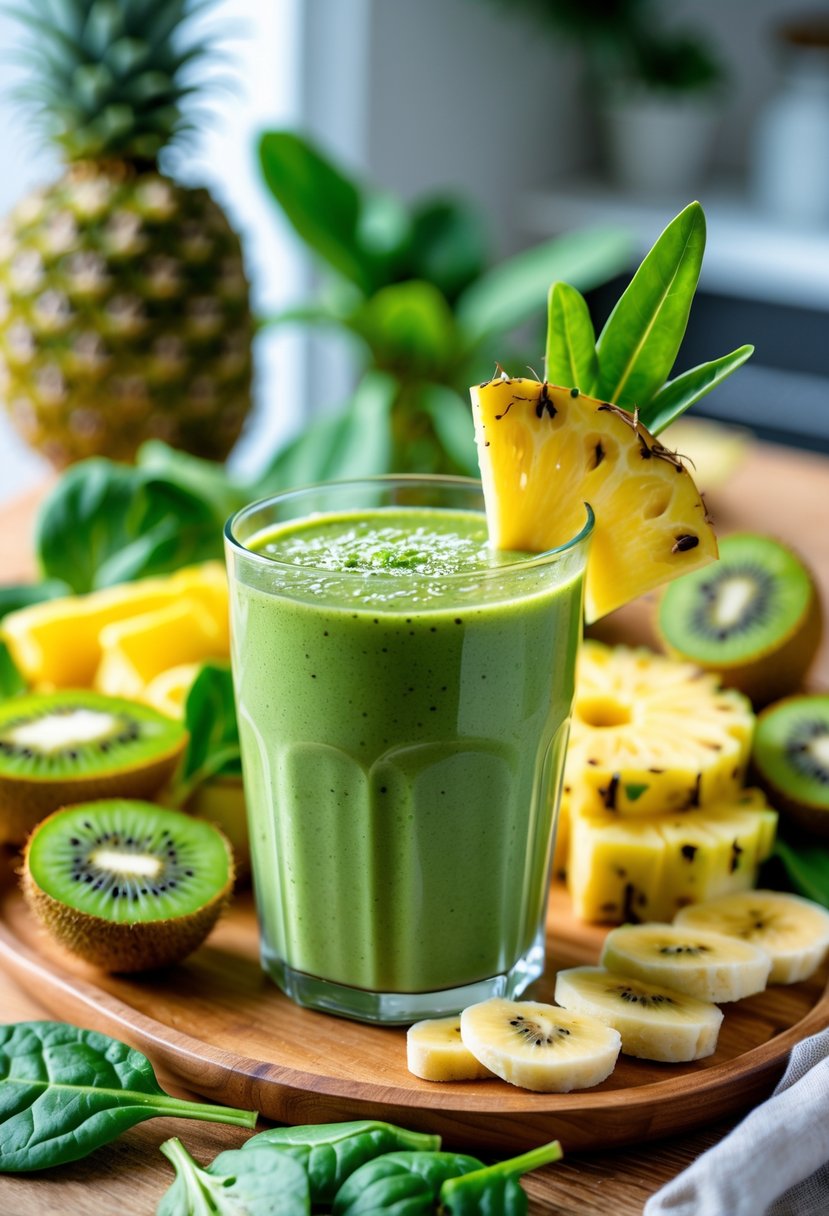 A glass of tropical green smoothie surrounded by pineapple, kiwi, banana, and spinach on a wooden table.