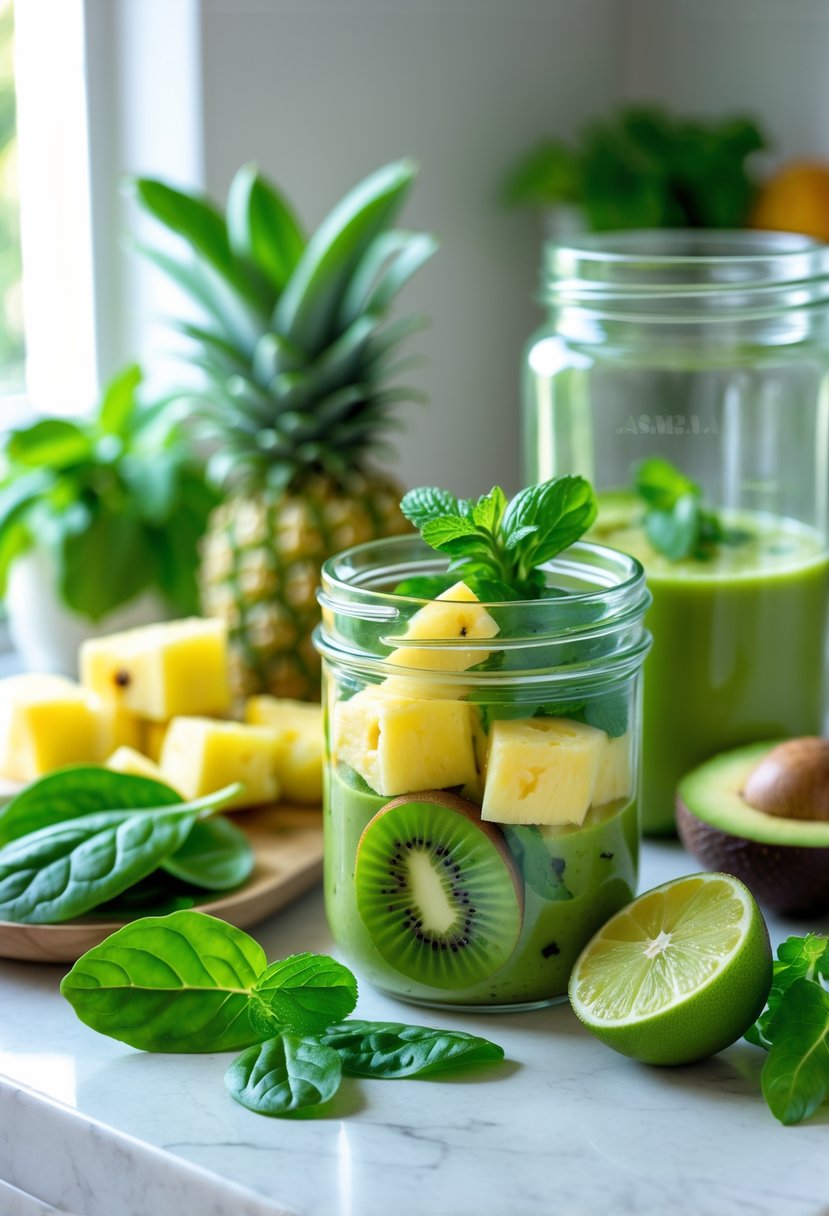 Fresh tropical green smoothie ingredients including spinach, kiwi, pineapple, avocado, mint, and lime arranged around a blender jar on a kitchen countertop.