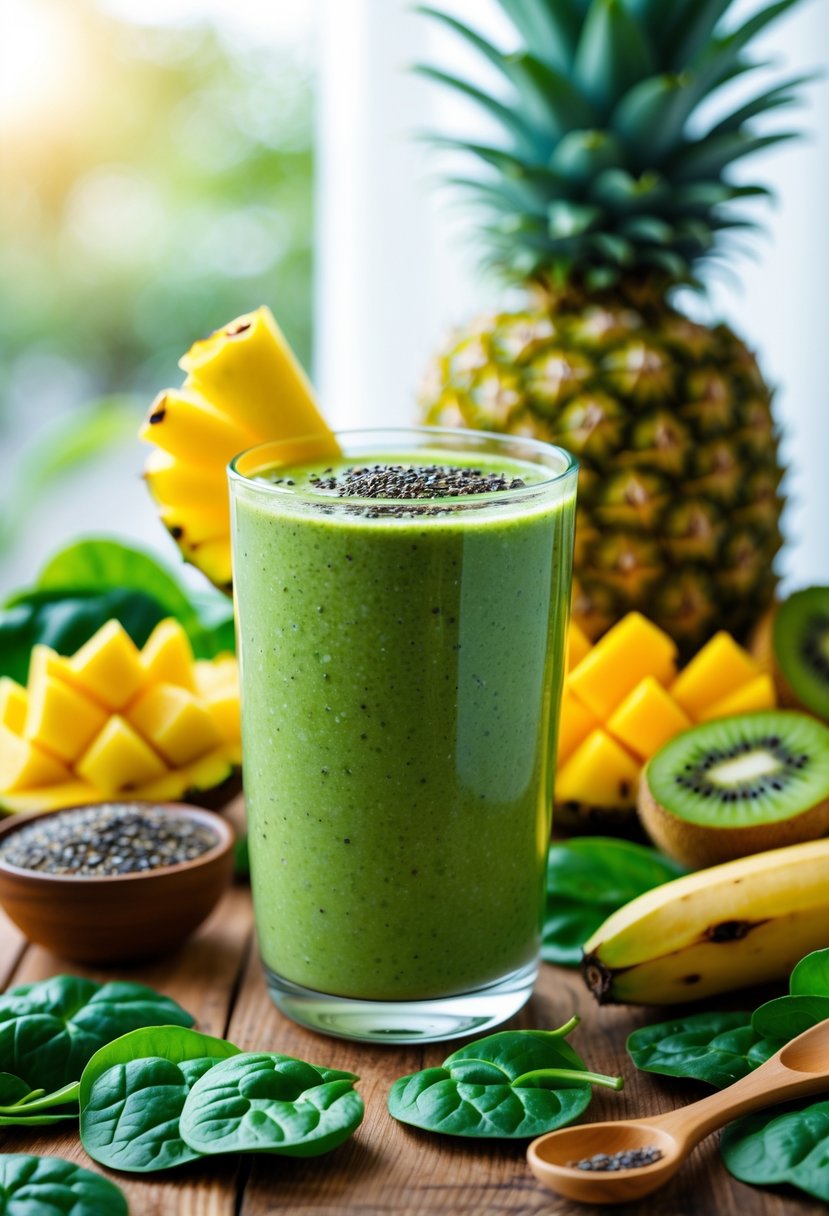 A glass of green smoothie surrounded by fresh tropical fruits and leafy greens on a wooden table.