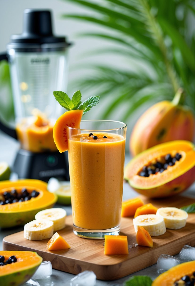 A glass of tropical papaya smoothie surrounded by fresh papaya pieces and a blender on a wooden surface with tropical leaves in the background.