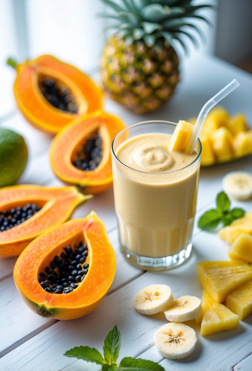 A close-up view of ripe papaya halves, tropical fruits, and a glass of papaya smoothie arranged on a wooden surface.