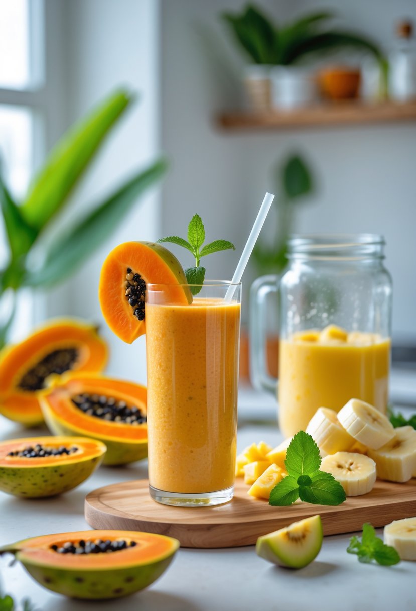 A glass of tropical papaya smoothie surrounded by fresh papaya, pineapple, and banana on a kitchen counter with a blender nearby.