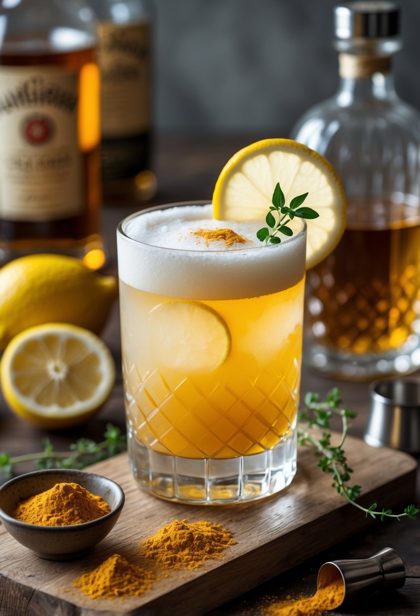 A Turmeric Whiskey Sour cocktail on a wooden bar counter with lemon slices, turmeric powder, and whiskey bottle nearby.