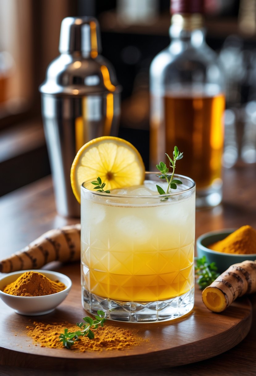 A glass of golden turmeric whiskey sour cocktail garnished with lemon and thyme on a wooden bar counter with turmeric root and powder nearby.