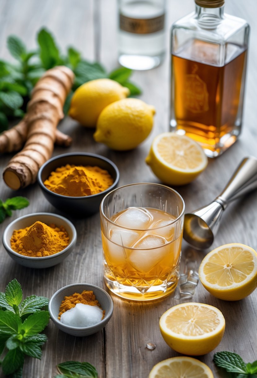 Ingredients for a Turmeric Whiskey Sour cocktail arranged on a wooden surface including turmeric root, ground turmeric, whiskey, lemons, simple syrup, mint leaves, and bar tools.