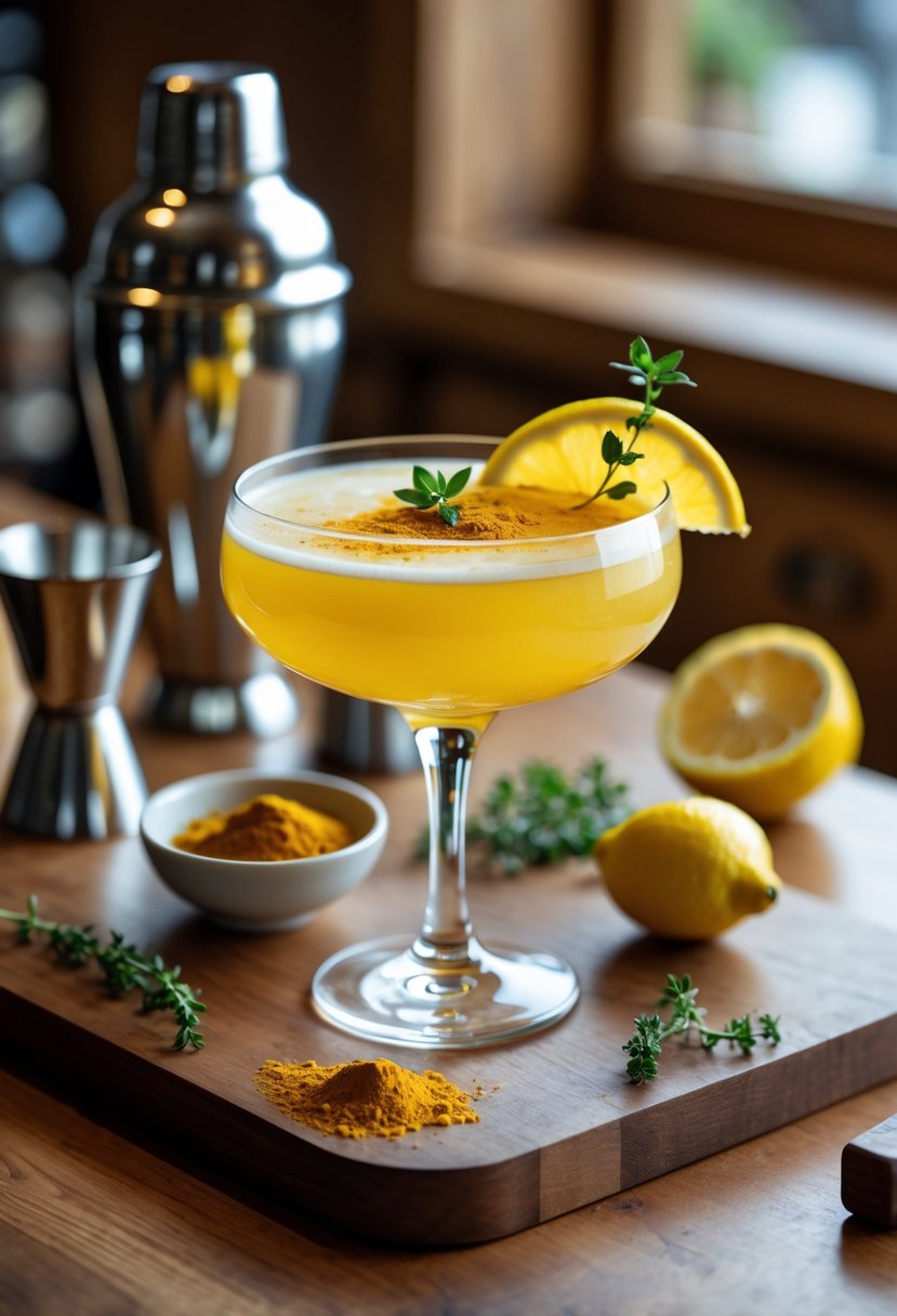 A glass of golden Turmeric Whiskey Sour cocktail garnished with lemon and thyme on a wooden bar counter with turmeric powder, lemon halves, and cocktail tools nearby.