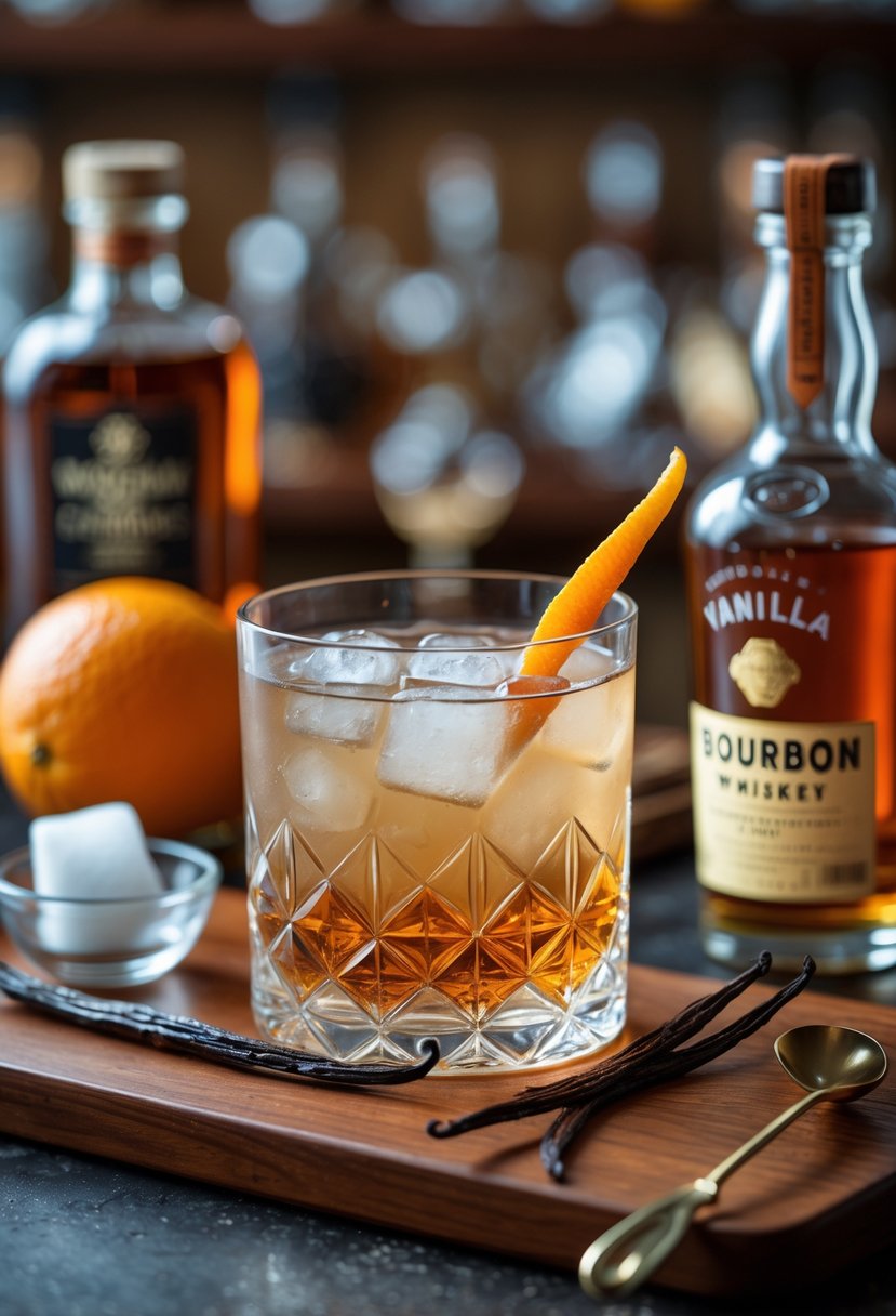 A wooden bar countertop with a glass of Vanilla Bean Old Fashioned cocktail garnished with vanilla bean and orange peel, surrounded by bourbon, vanilla bean, sugar cube, bitters, ice, and bar tools.