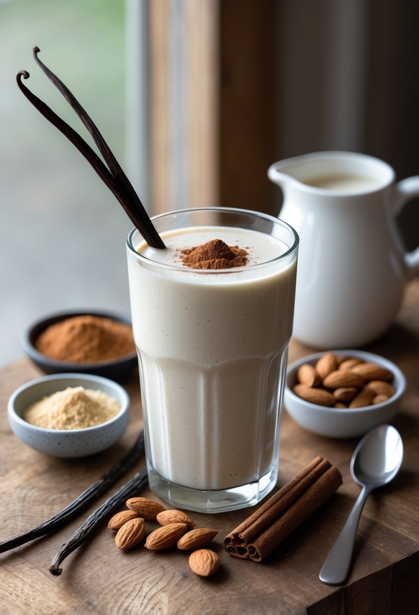A glass of vanilla bean protein shake on a wooden table surrounded by vanilla beans, protein powder, almonds, cinnamon sticks, and a small pitcher of almond milk.