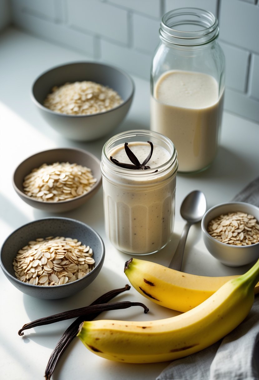 A kitchen countertop with ingredients for a vanilla bean protein shake including vanilla bean pod, protein powder, banana, oats, almond milk, and a blender jar.