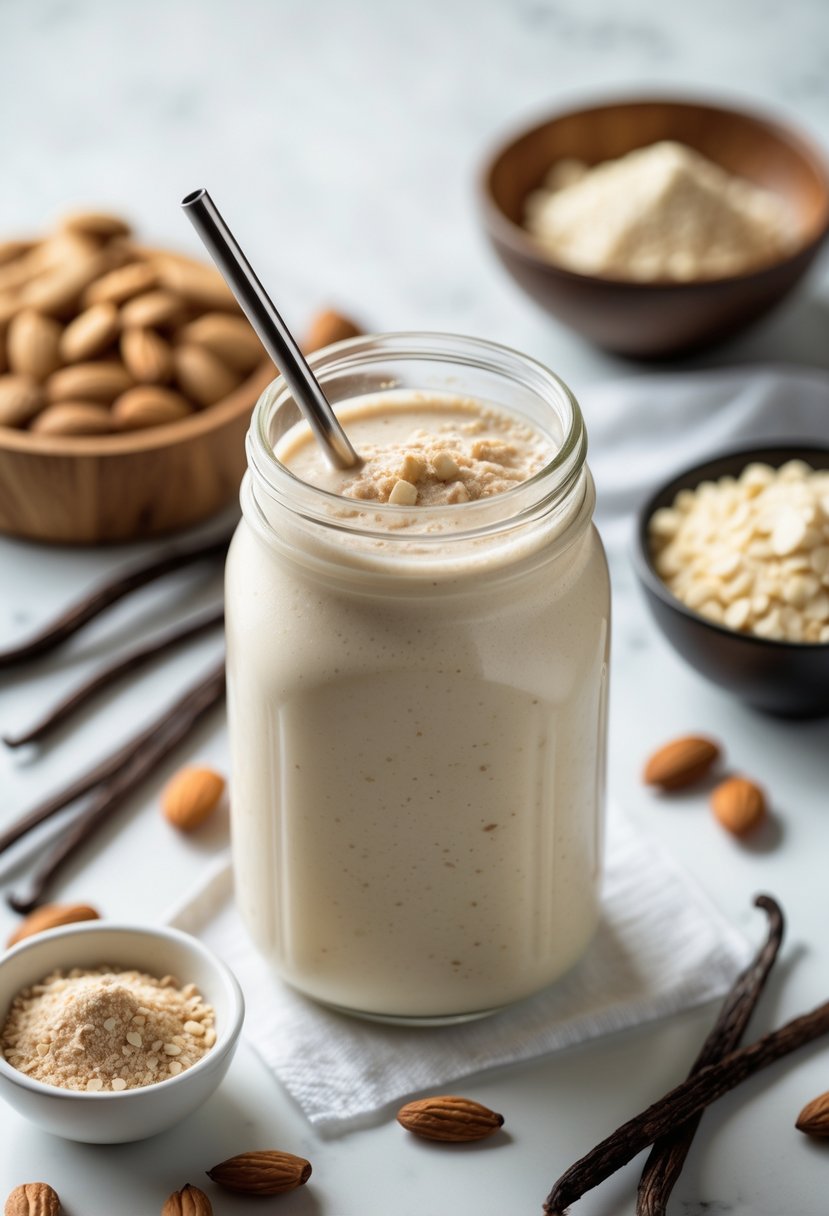 A glass jar filled with vanilla bean protein shake surrounded by vanilla beans, protein powder, almond milk, and almonds on a white surface.