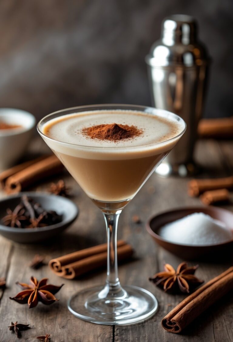 A martini glass filled with a creamy vanilla chai latte martini, surrounded by vanilla pods, cinnamon sticks, and chai spices on a wooden table.