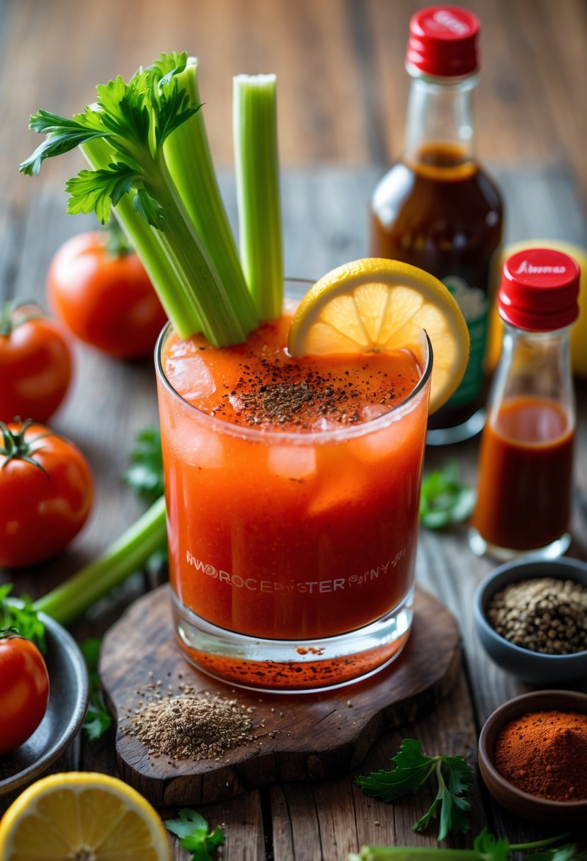 A glass of Virgin Bloody Mary garnished with celery and lemon on a wooden table surrounded by fresh tomatoes, lemon slices, celery, and spices.