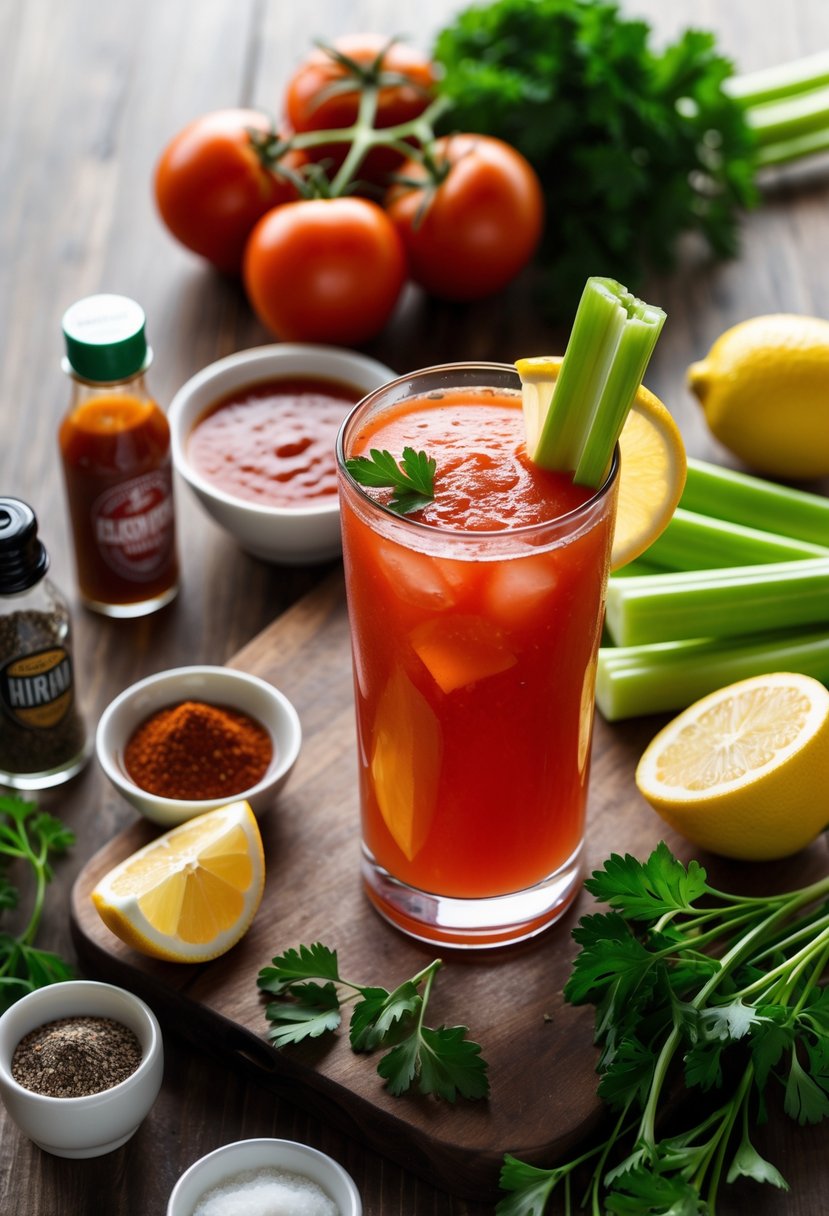 Fresh ingredients and a glass of virgin Bloody Mary cocktail arranged on a wooden surface.
