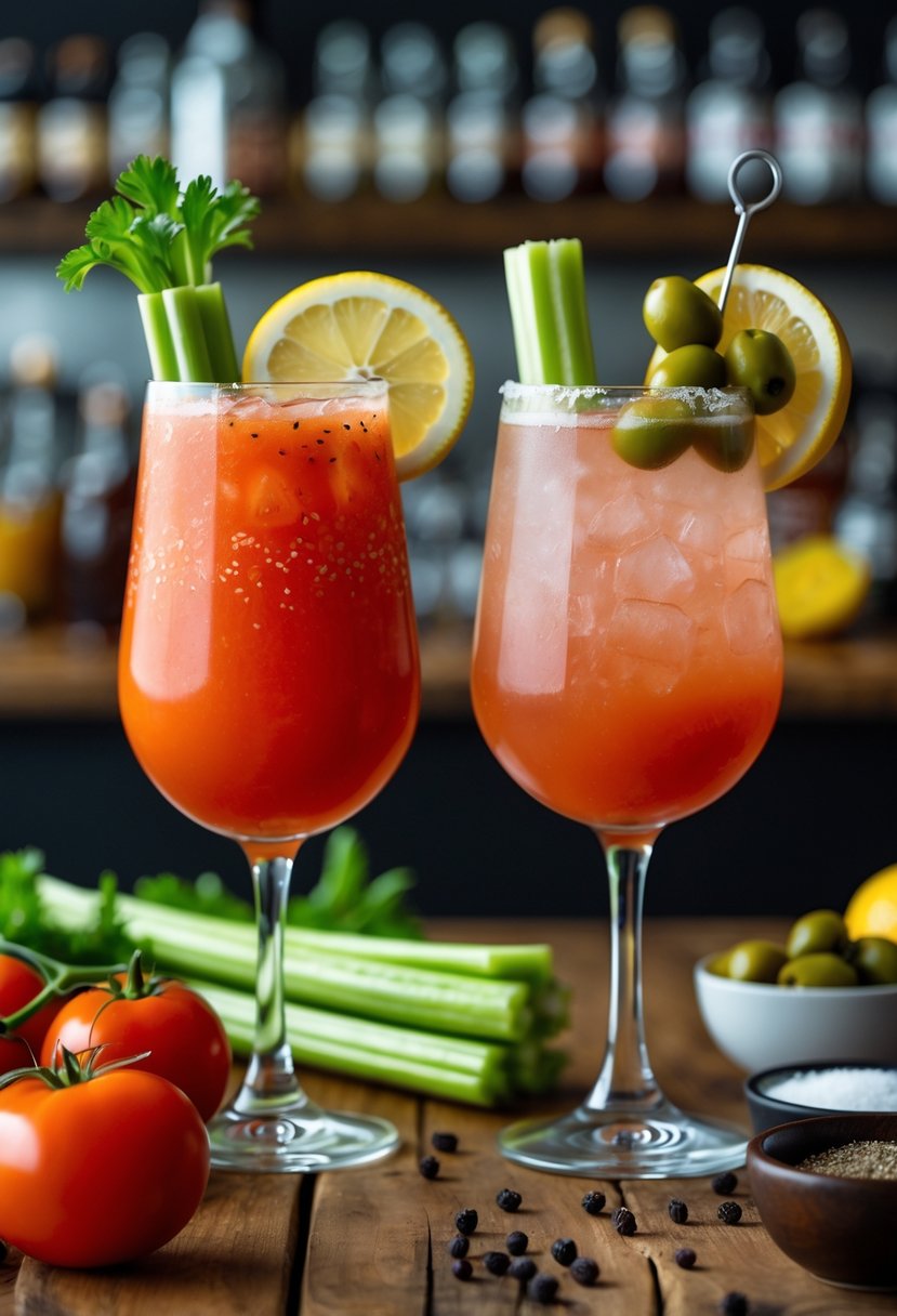 Two tall glasses of Bloody Mary drinks on a wooden table with garnishes and fresh ingredients around them.