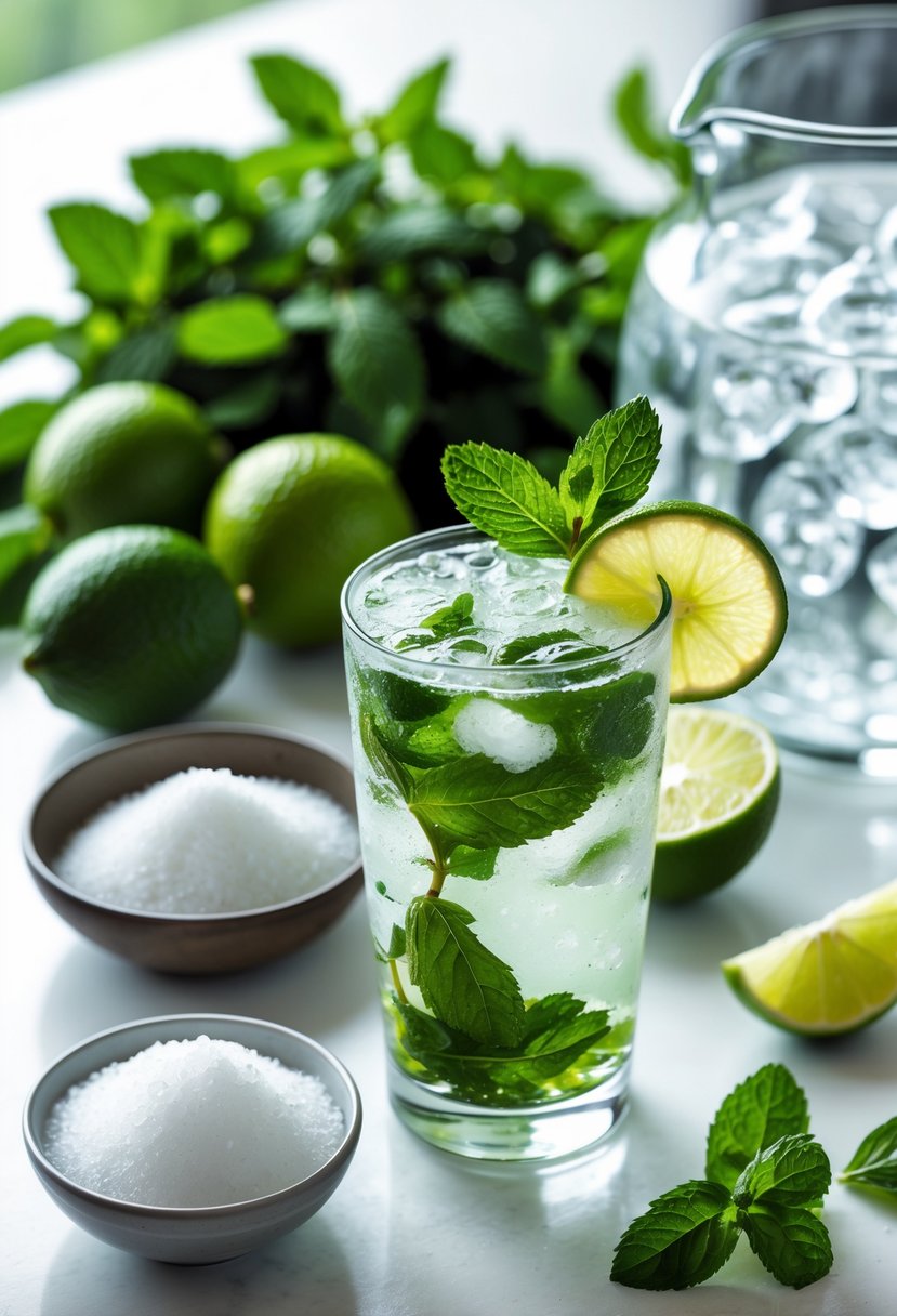 A glass of virgin mojito surrounded by fresh mint leaves, sliced limes, sugar, sparkling water, and crushed ice on a bright surface.