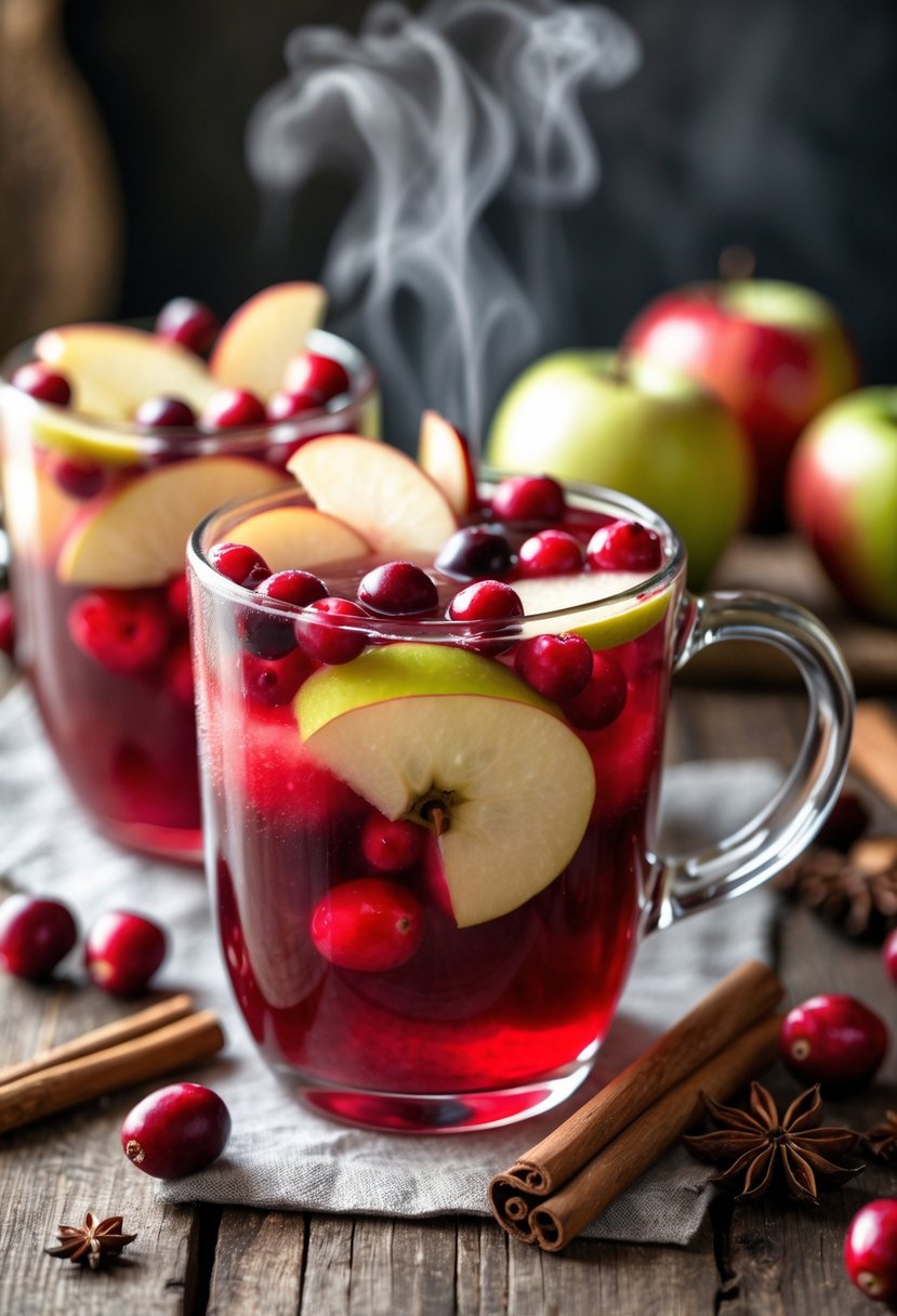 A clear glass mug of warm cranberry apple punch with apple slices, cranberries, and cinnamon sticks on a wooden table.