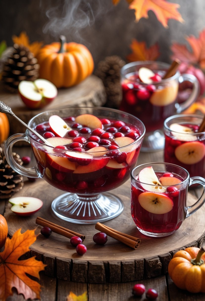 A glass punch bowl filled with warm cranberry apple punch garnished with cranberries, apple slices, and cinnamon sticks, surrounded by autumn decorations and glass mugs of the punch.