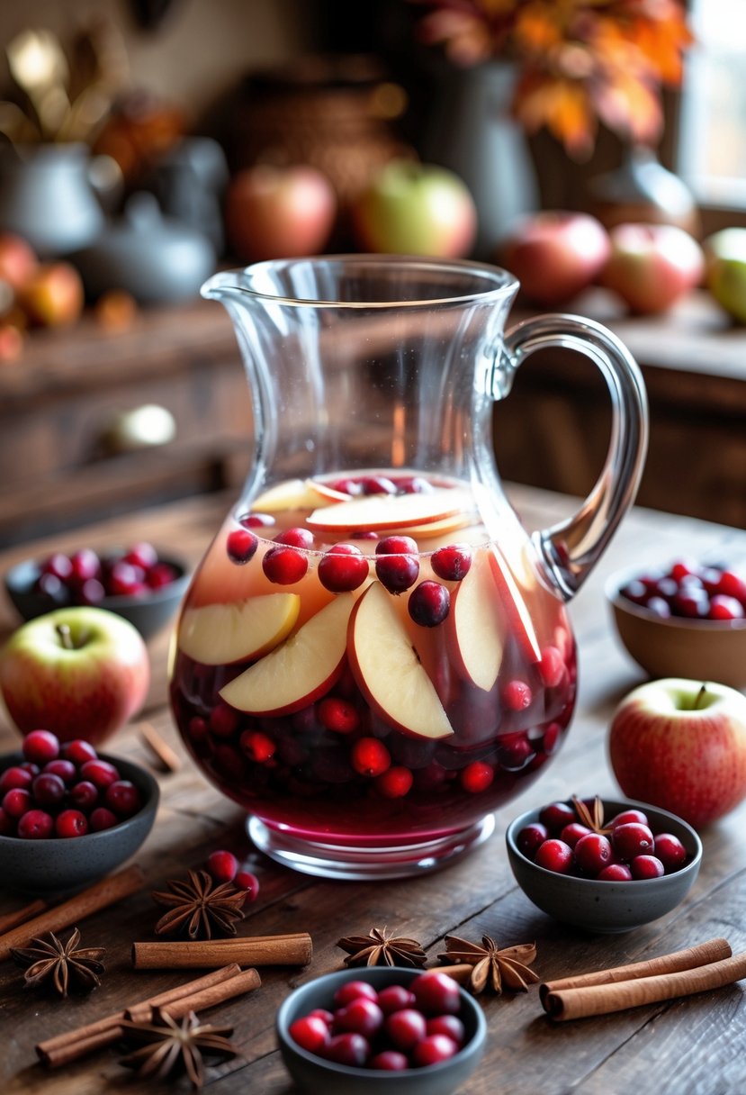 A glass pitcher of warm cranberry apple punch with apple slices, cranberries, and cinnamon sticks on a wooden table surrounded by ingredients.