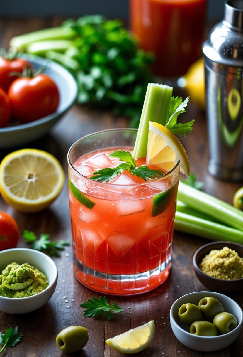 A glass of Bloody Mary cocktail surrounded by fresh tomatoes, wasabi paste, lemon, celery, horseradish, olives, and a shaker on a wooden surface.