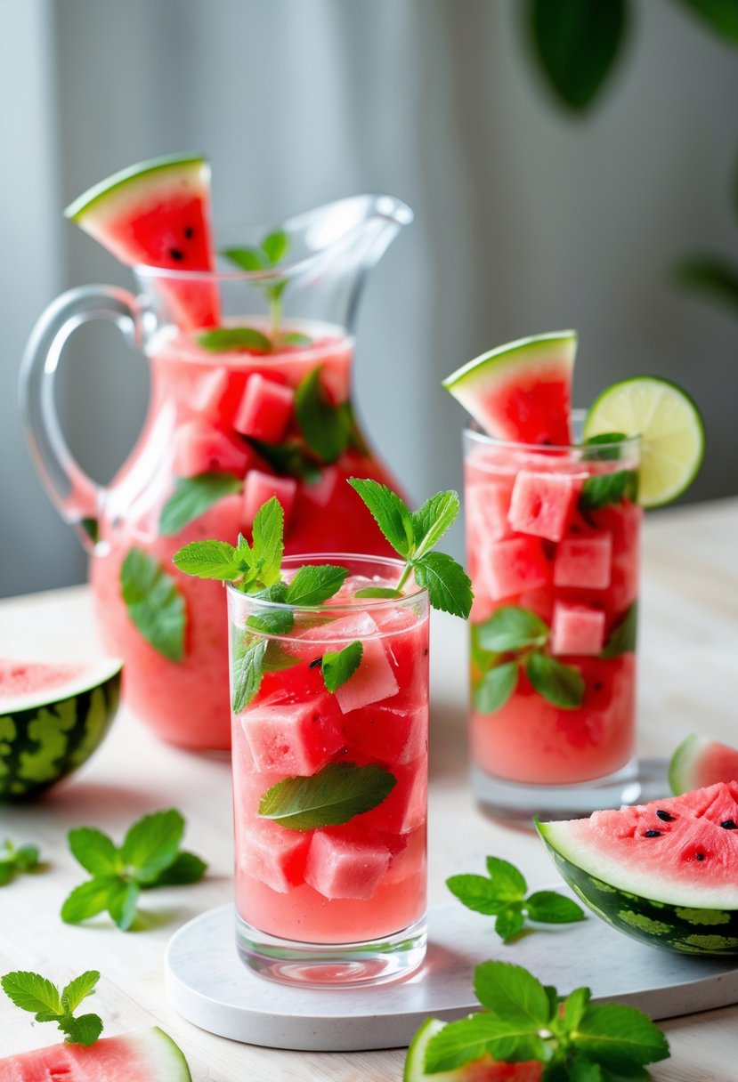 A pitcher and two glasses of watermelon agua fresca garnished with mint and watermelon slices on a wooden table with scattered watermelon pieces and mint leaves.