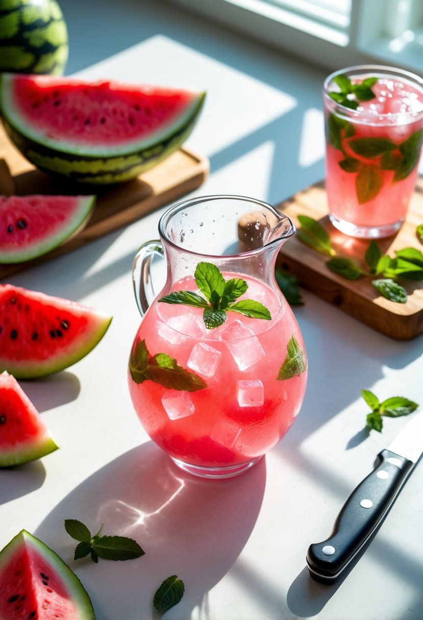 A glass pitcher and glass filled with pink watermelon agua fresca surrounded by fresh watermelon slices and mint leaves on a kitchen countertop.