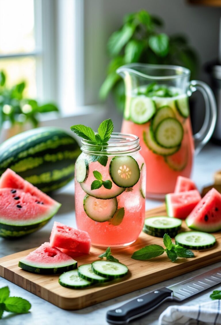 A kitchen scene with sliced watermelon and cucumber on a cutting board, a glass pitcher of pink watermelon cucumber cooler garnished with mint, and fresh ingredients nearby.