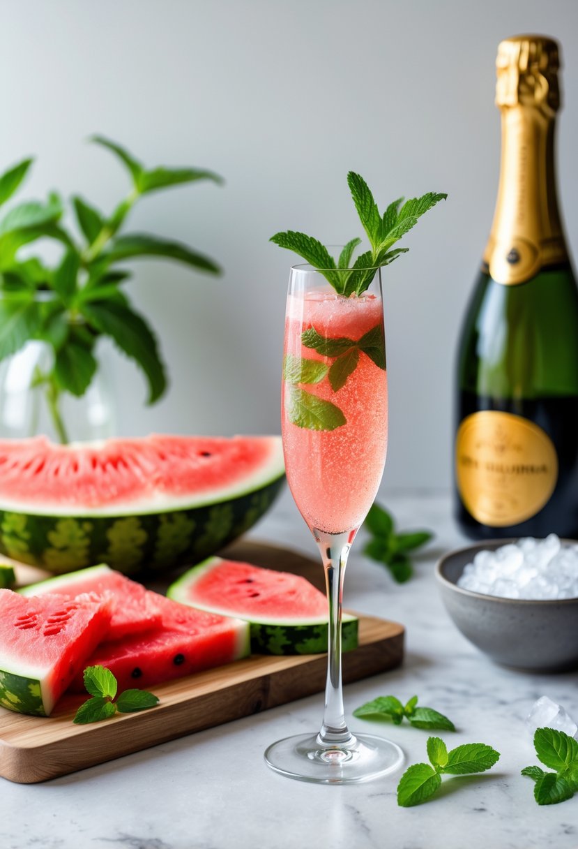 A kitchen countertop with fresh watermelon slices, mint leaves, a champagne flute being filled with pink watermelon drink, and a bottle of sparkling wine.