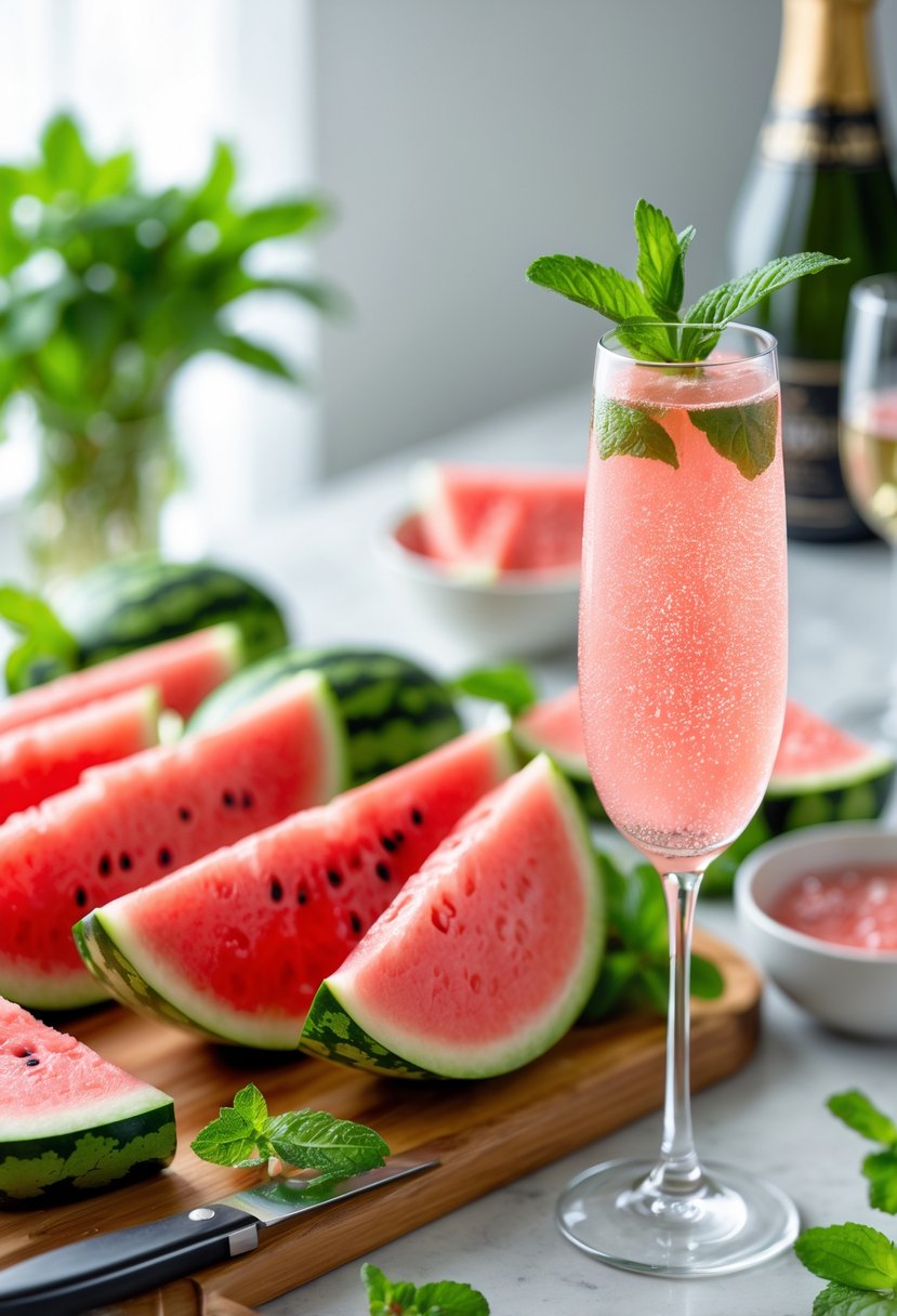 Fresh watermelon slices, mint leaves, and a glass of pink watermelon mint bellini on a wooden board in a bright kitchen.