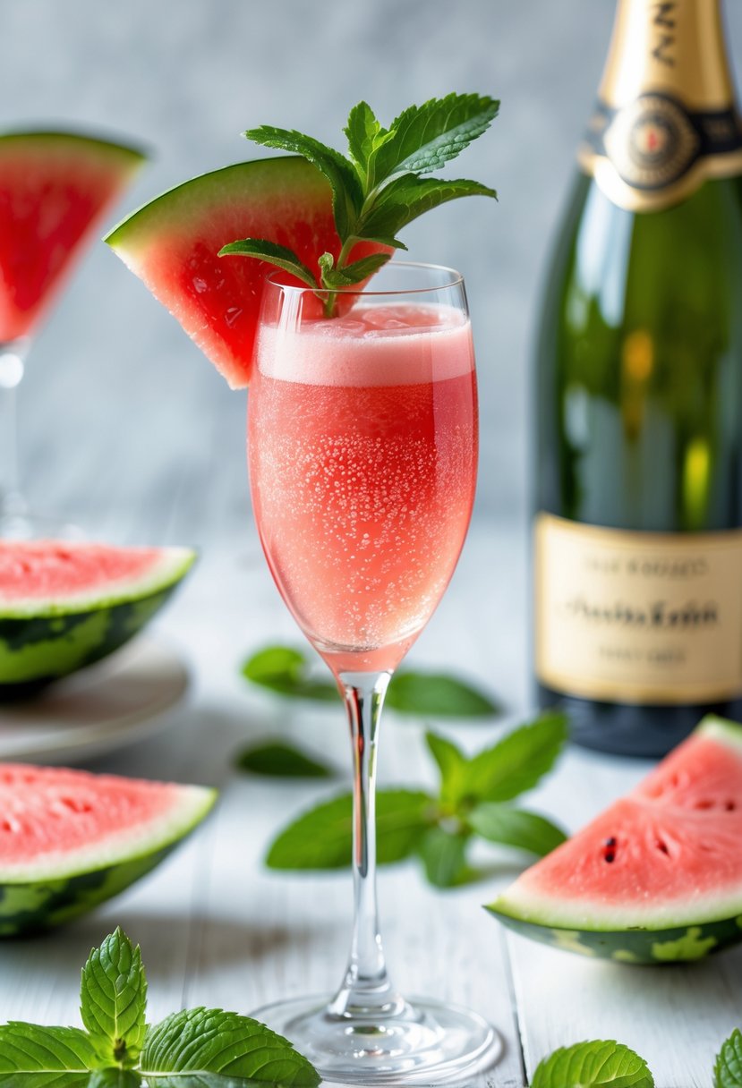 A glass of watermelon mint bellini garnished with mint and a watermelon wedge on a wooden surface with fresh watermelon slices and mint leaves nearby.