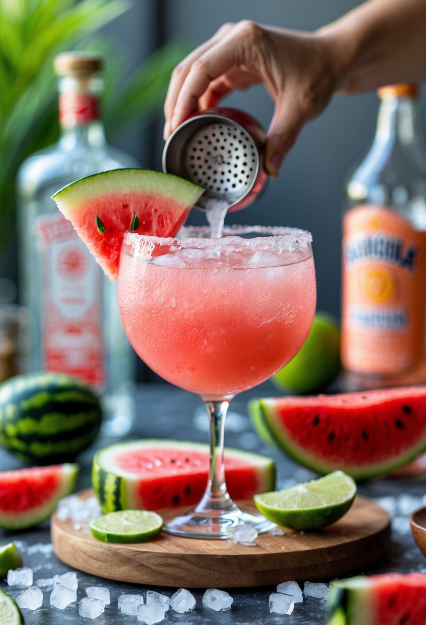 A glass of pink watermelon Paloma cocktail garnished with watermelon and lime on a wooden table with fresh watermelon slices, ice cubes, and cocktail ingredients nearby.