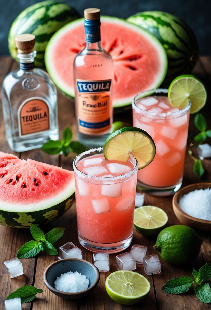 A wooden table with sliced watermelon, tequila bottle, grapefruit soda, lime wedges, a bowl of salt, and a pitcher of pink watermelon cocktail garnished with lime.